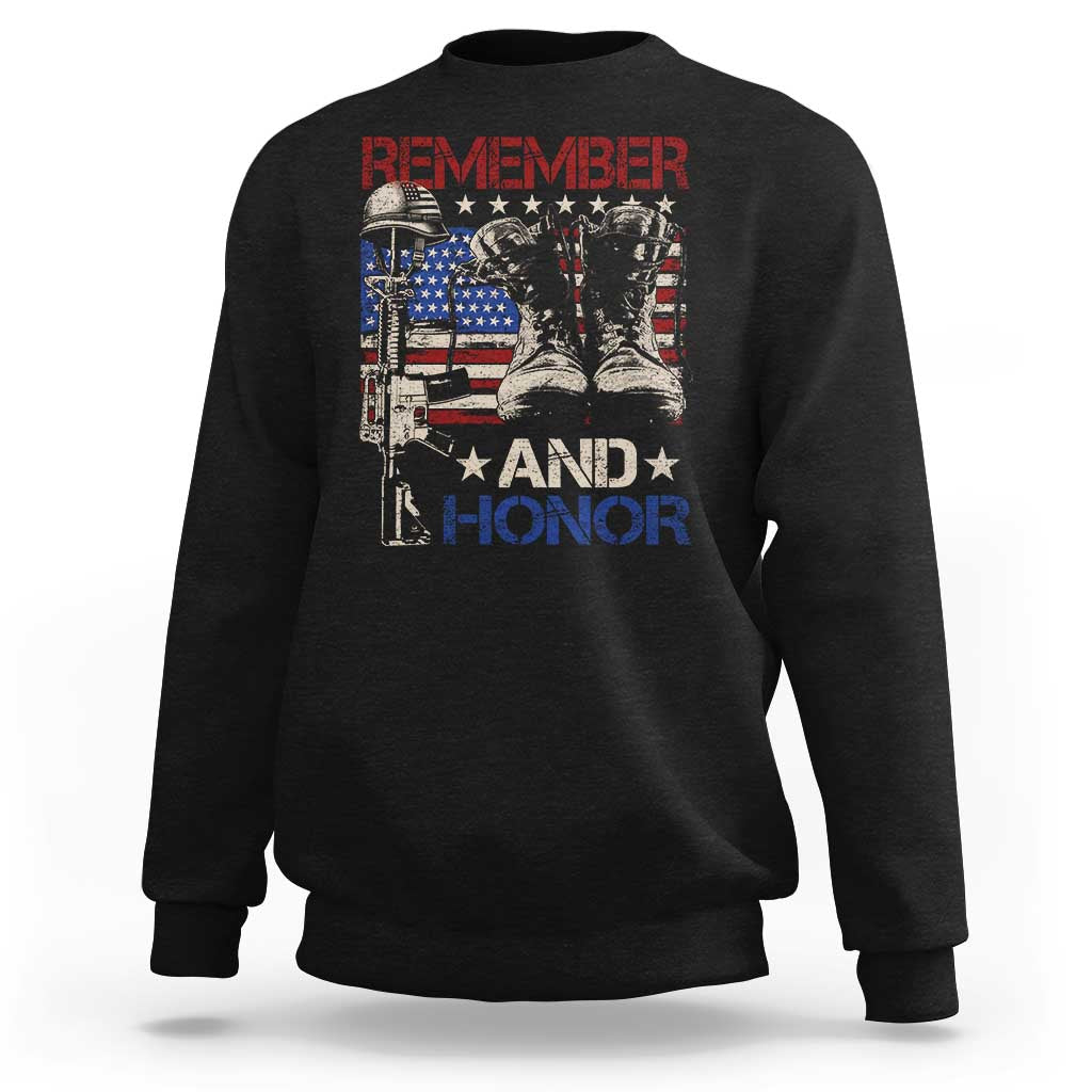 Remember And Honor Sweatshirt Memorial Day Veteran Boots American Flag