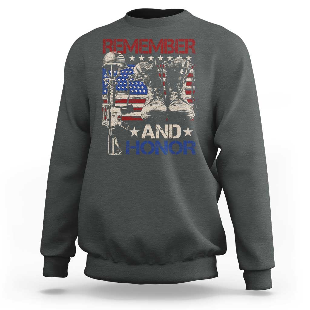 Remember And Honor Sweatshirt Memorial Day Veteran Boots American Flag