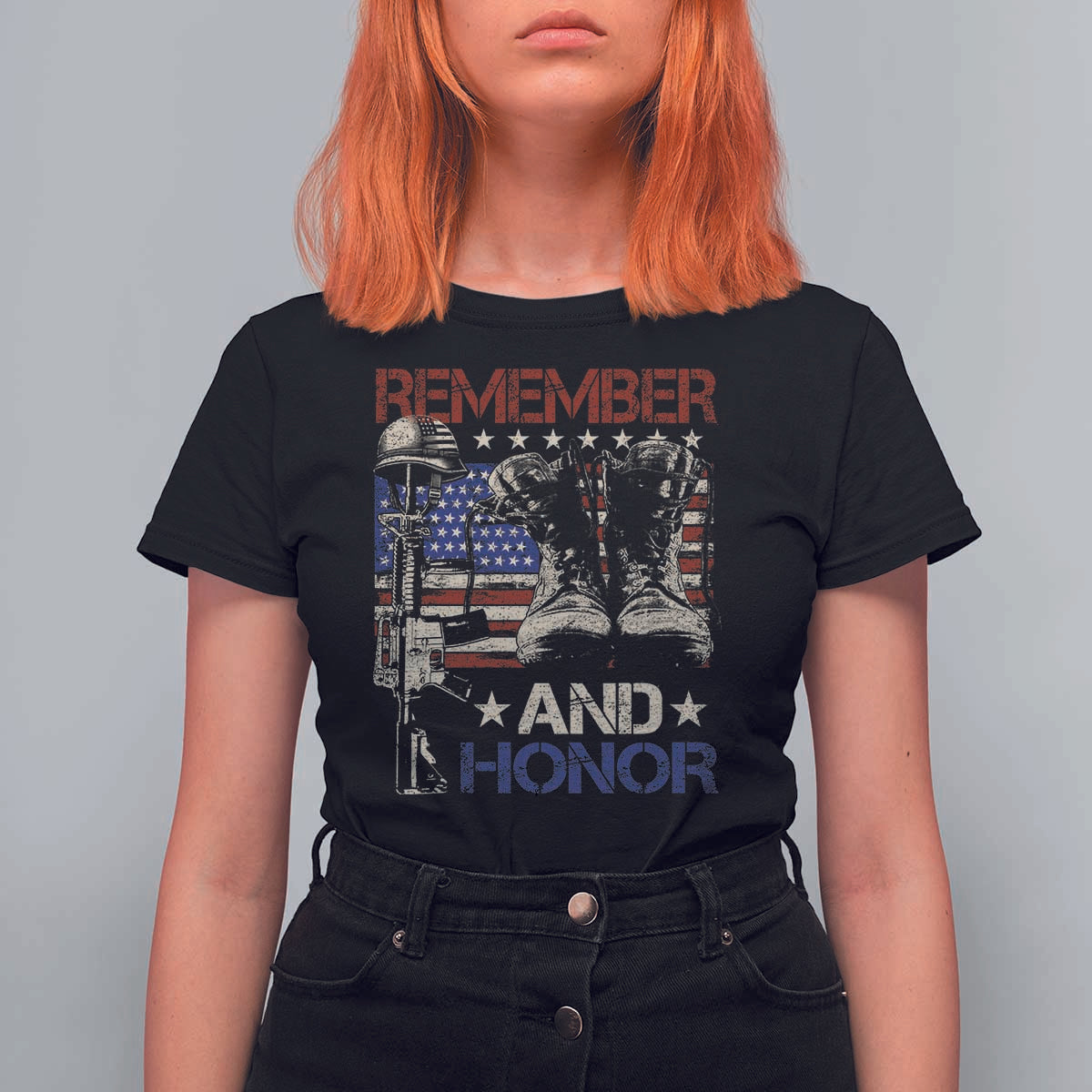 Remember And Honor T Shirt For Women Memorial Day Veteran Boots American Flag