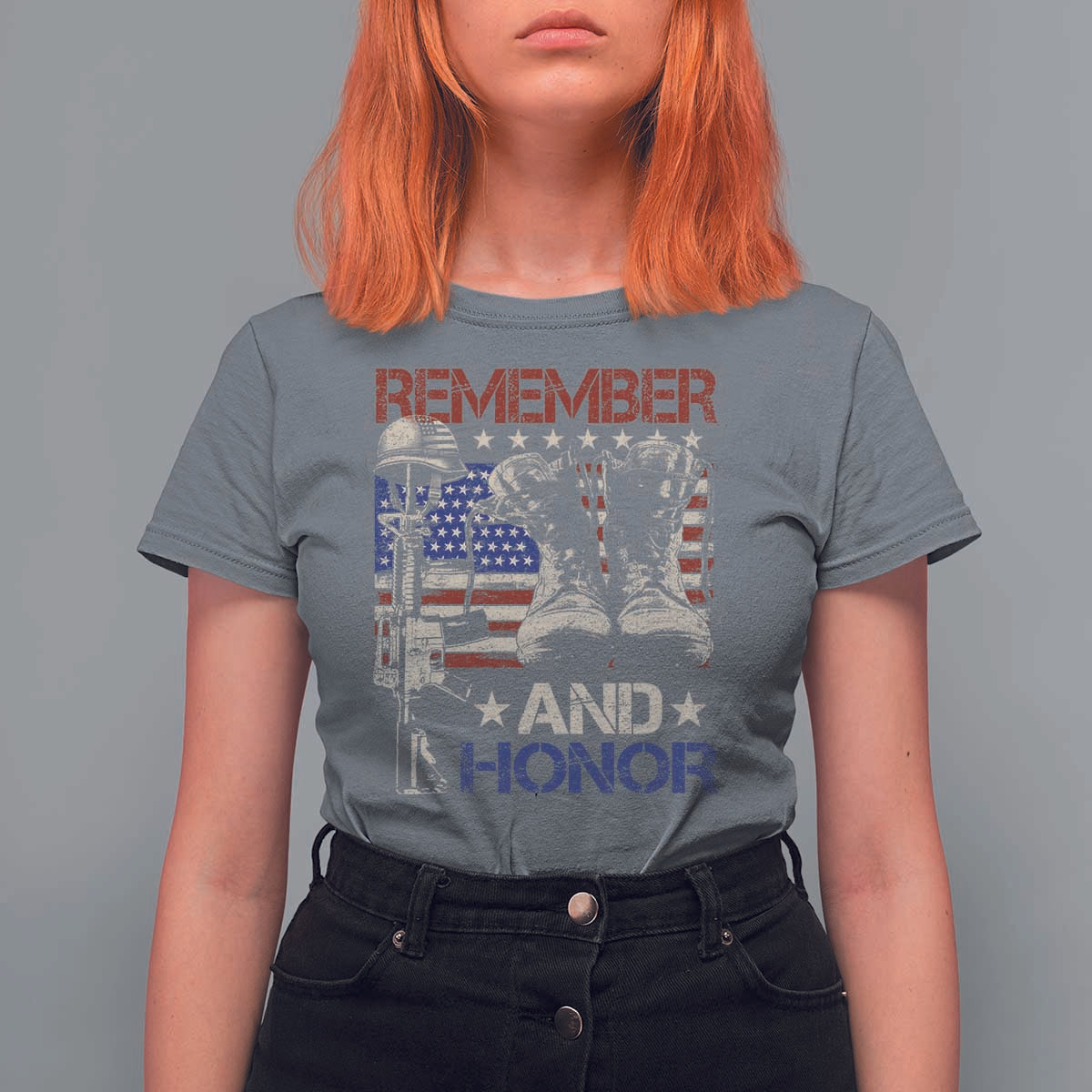 Remember And Honor T Shirt For Women Memorial Day Veteran Boots American Flag
