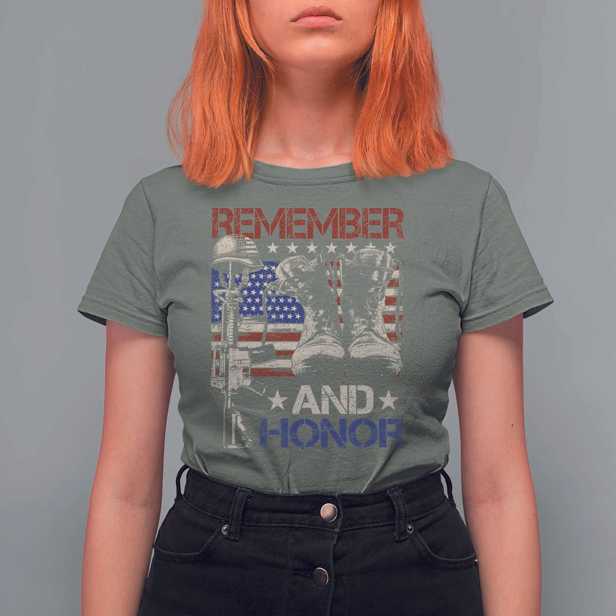 Remember And Honor T Shirt For Women Memorial Day Veteran Boots American Flag