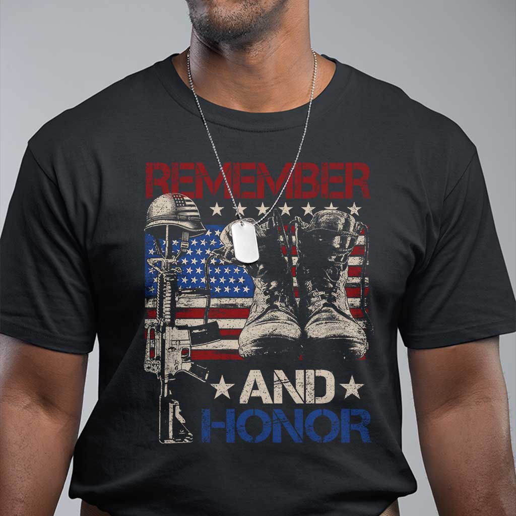 Remember And Honor T Shirt Memorial Day Veteran Boots American Flag