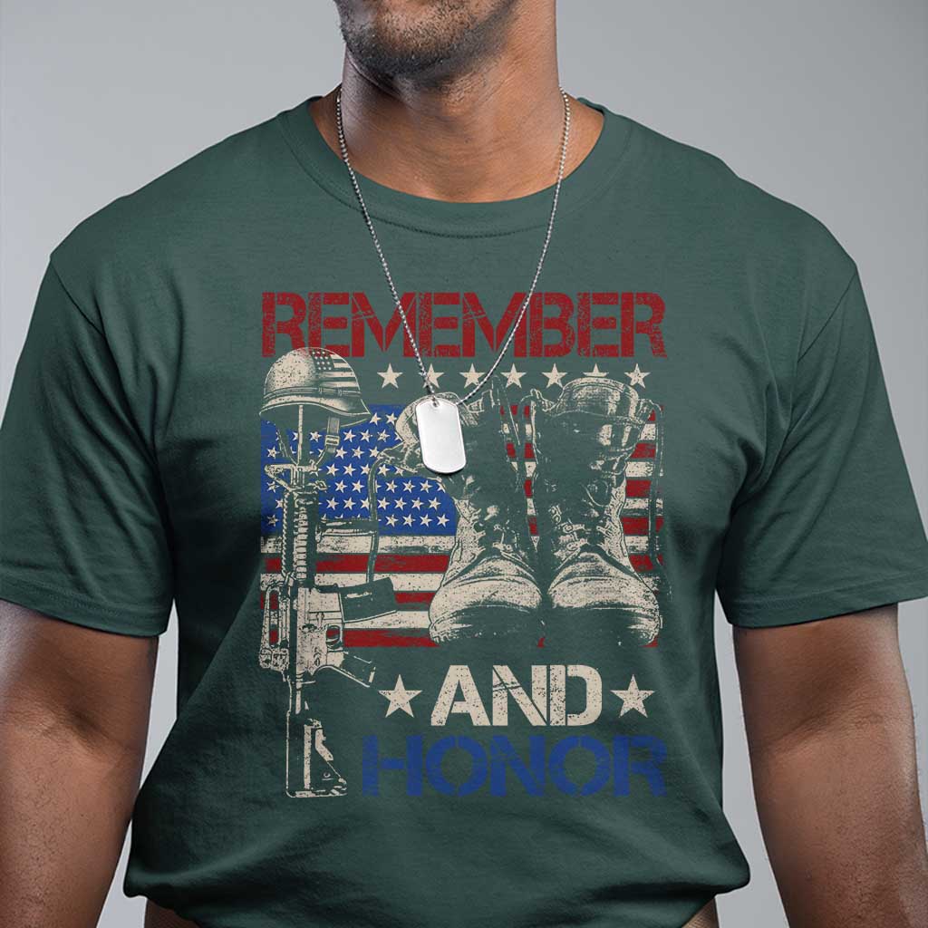 Remember And Honor T Shirt Memorial Day Veteran Boots American Flag