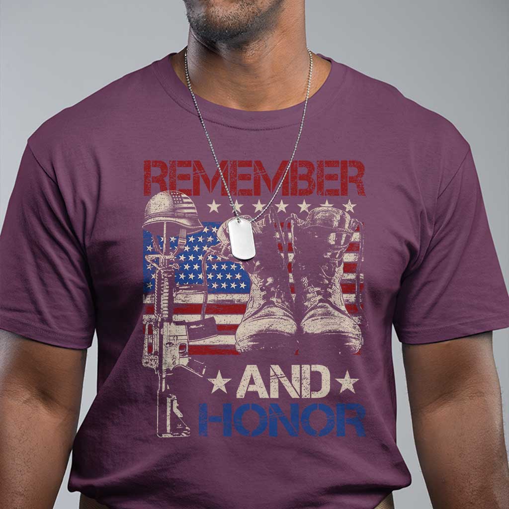 Remember And Honor T Shirt Memorial Day Veteran Boots American Flag