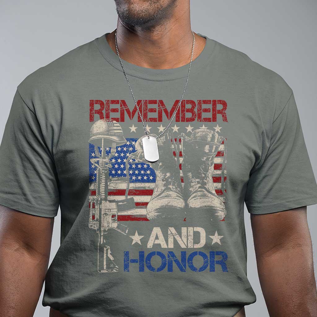 Remember And Honor T Shirt Memorial Day Veteran Boots American Flag