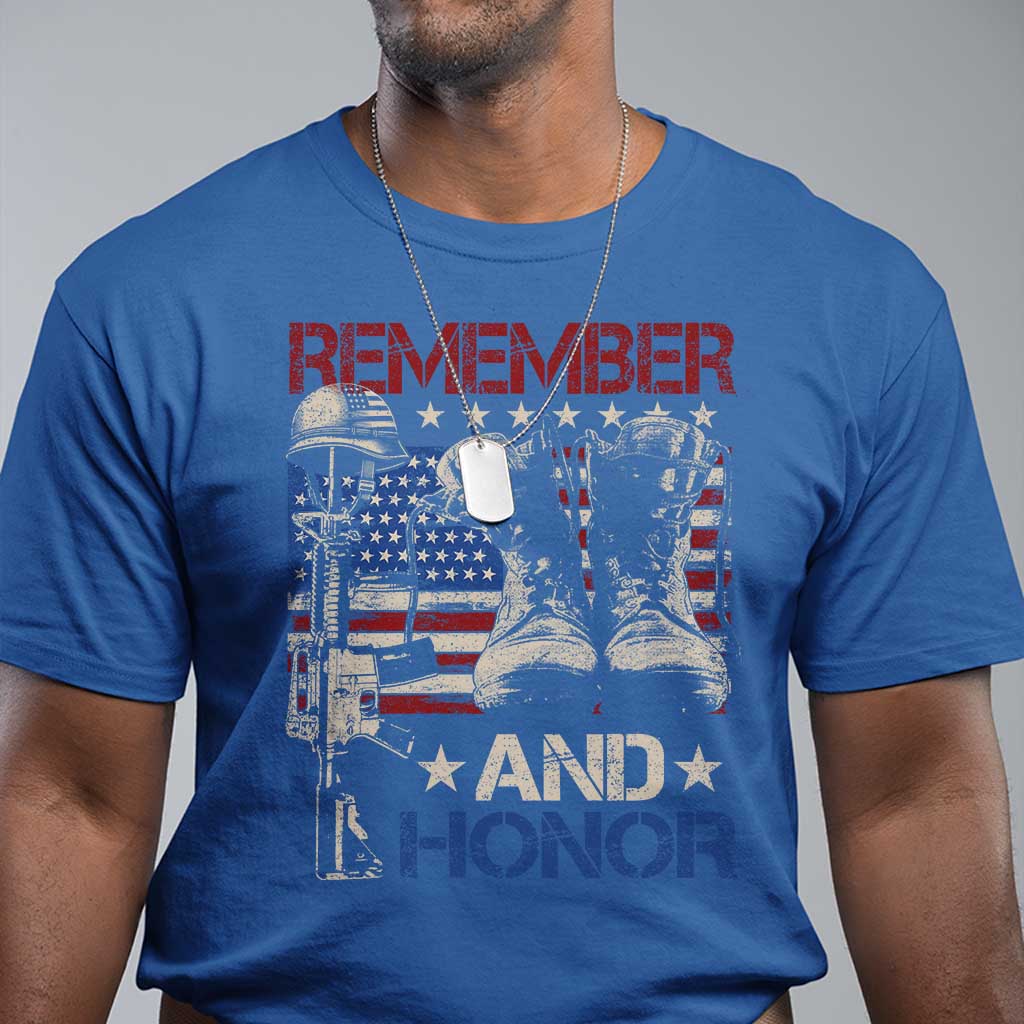 Remember And Honor T Shirt Memorial Day Veteran Boots American Flag