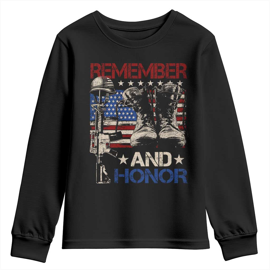 Remember And Honor Youth Sweatshirt Memorial Day Veteran Boots American Flag