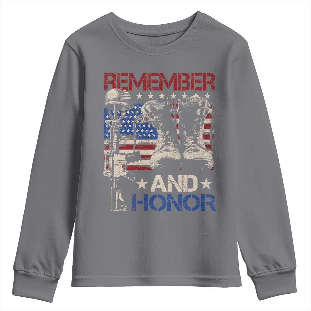 Remember And Honor Youth Sweatshirt Memorial Day Veteran Boots American Flag
