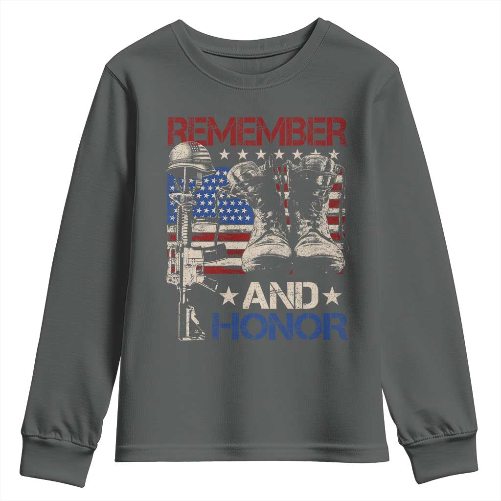 Remember And Honor Youth Sweatshirt Memorial Day Veteran Boots American Flag