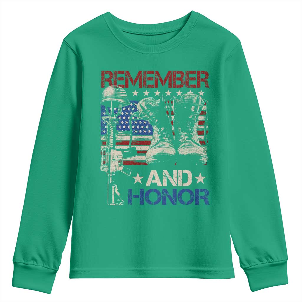 Remember And Honor Youth Sweatshirt Memorial Day Veteran Boots American Flag