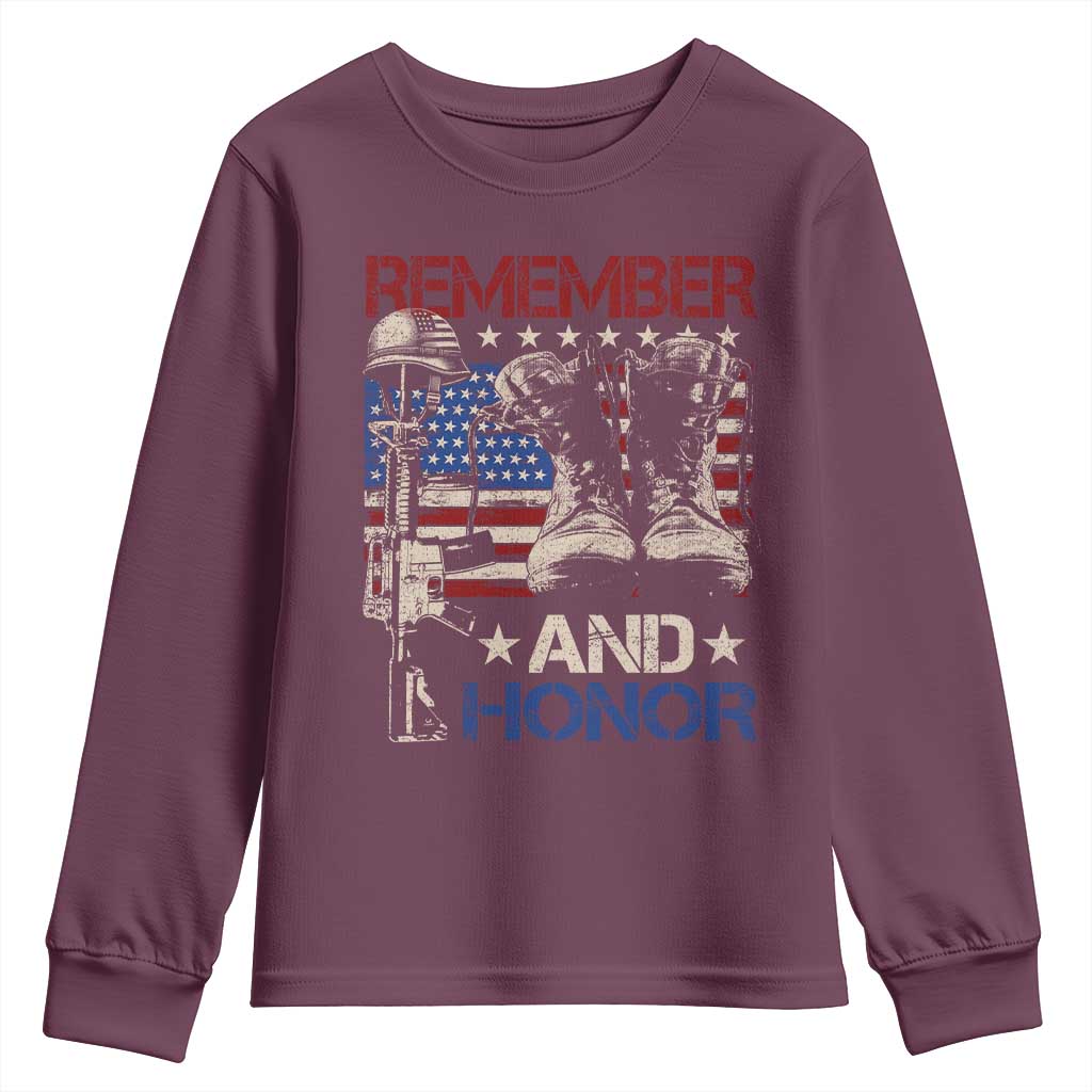 Remember And Honor Youth Sweatshirt Memorial Day Veteran Boots American Flag
