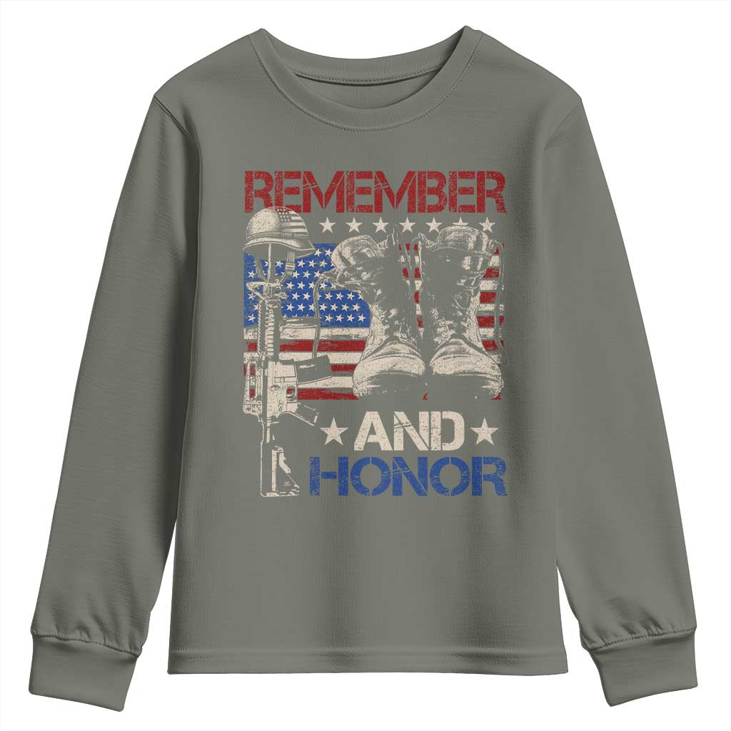 Remember And Honor Youth Sweatshirt Memorial Day Veteran Boots American Flag