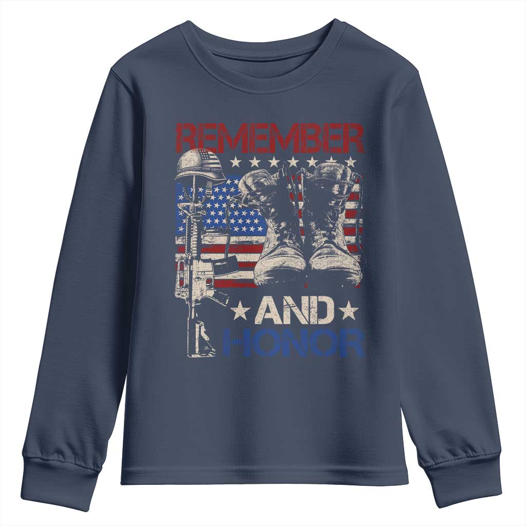 Remember And Honor Youth Sweatshirt Memorial Day Veteran Boots American Flag