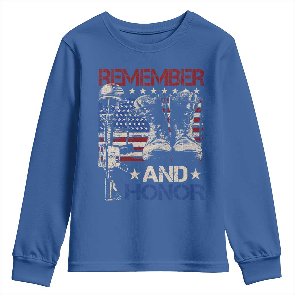Remember And Honor Youth Sweatshirt Memorial Day Veteran Boots American Flag