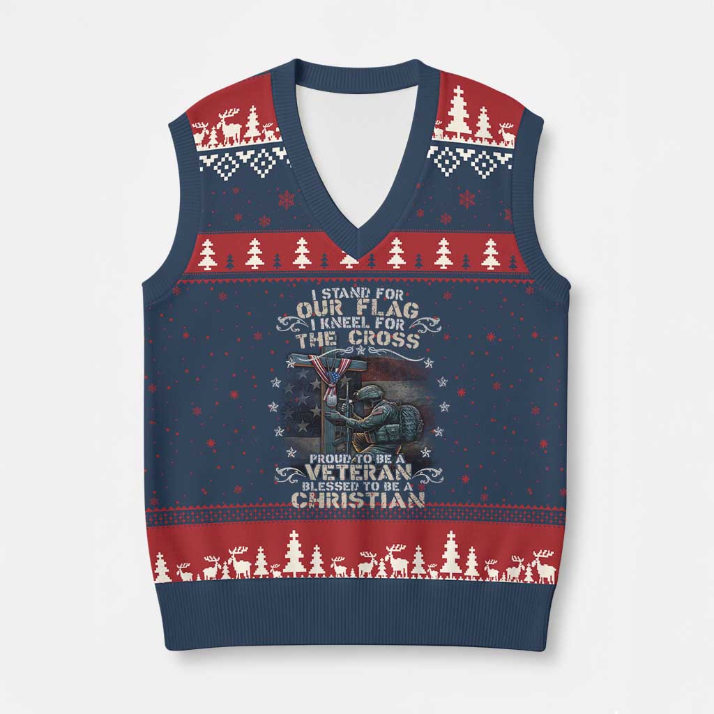 I Stand For Our Flag I Kneel For The Cross Proud Christian Veteran V-Neck Knit Sweater Vest - Wonder Print Shop