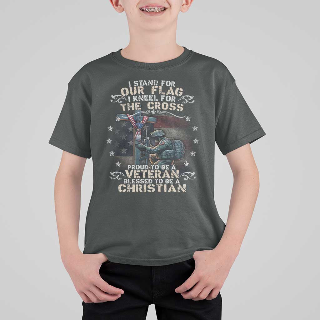 I Stand For Our Flag I Kneel For The Cross Proud Christian Veteran T Shirt For Kid