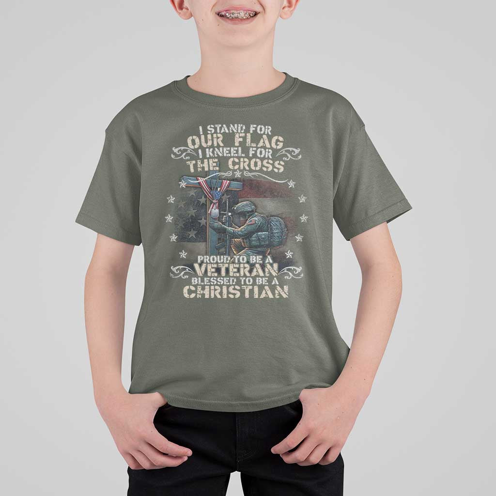 I Stand For Our Flag I Kneel For The Cross Proud Christian Veteran T Shirt For Kid