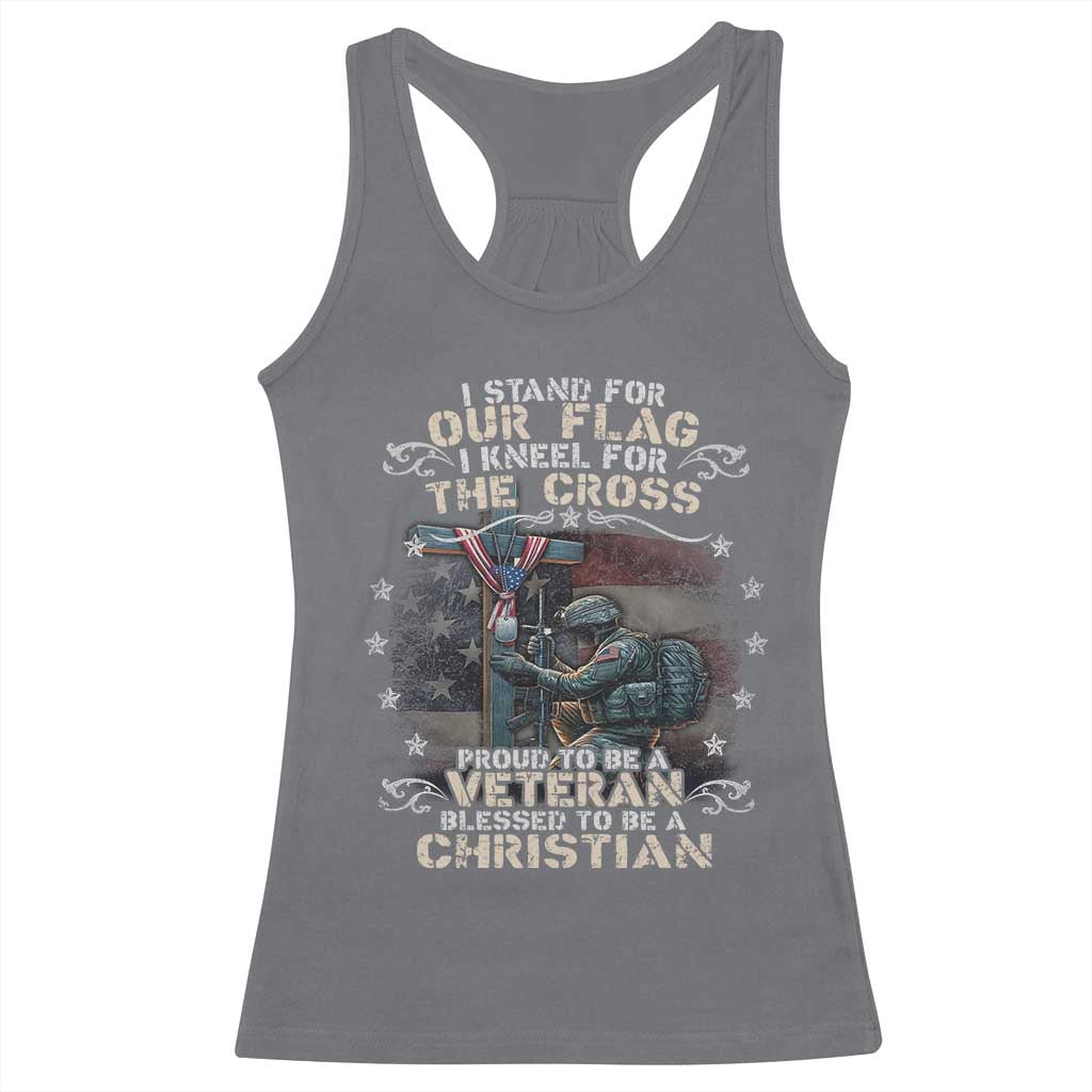 I Stand For Our Flag I Kneel For The Cross Proud Christian Veteran Racerback Tank Top