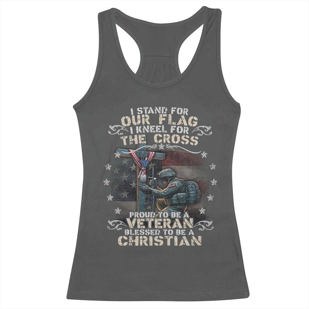 I Stand For Our Flag I Kneel For The Cross Proud Christian Veteran Racerback Tank Top