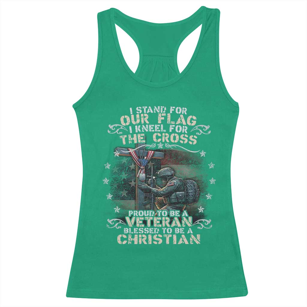 I Stand For Our Flag I Kneel For The Cross Proud Christian Veteran Racerback Tank Top