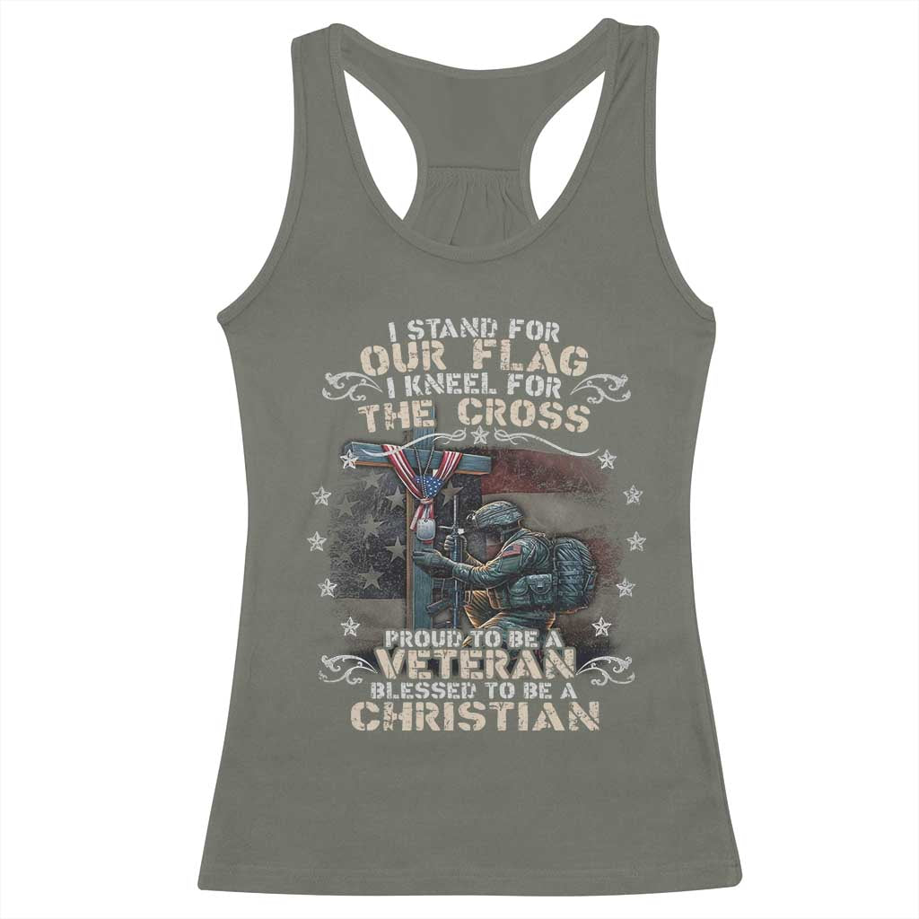 I Stand For Our Flag I Kneel For The Cross Proud Christian Veteran Racerback Tank Top