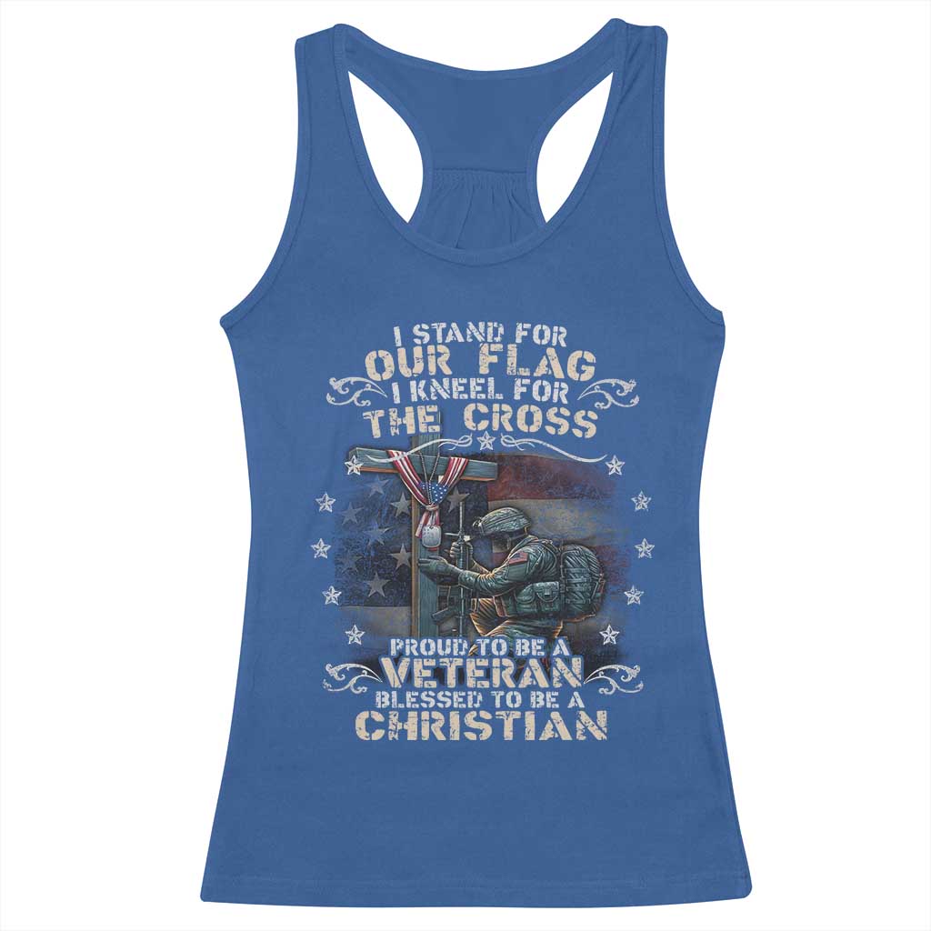 I Stand For Our Flag I Kneel For The Cross Proud Christian Veteran Racerback Tank Top