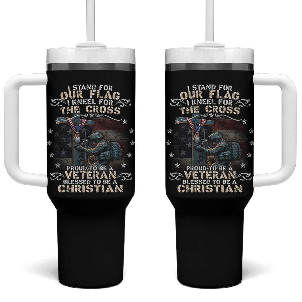 I Stand For Our Flag I Kneel For The Cross Proud Christian Veteran Tumbler With Handle