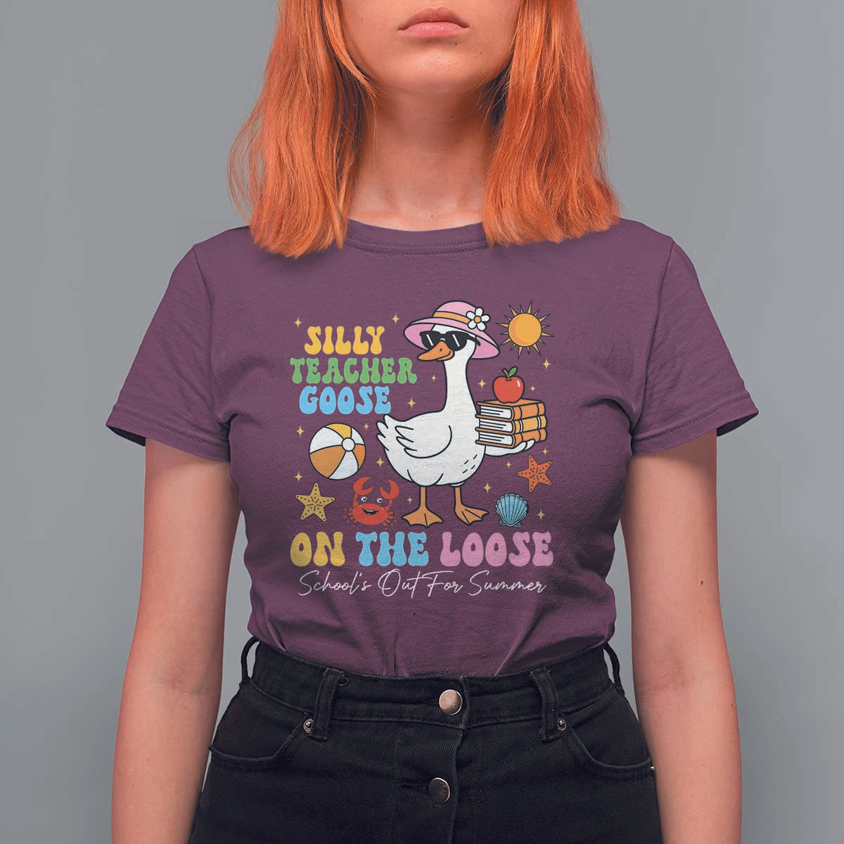 Funny School's Out For Summer Teacher T Shirt For Women Silly Teacher Goose On The Loose Summer Break