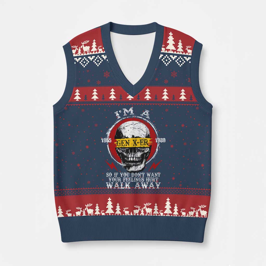 Funny I Am A Gen X-er V-Neck Knit Sweater Vest So If You Dont Want Your Feeling Hurt Walk Away Vintage Skull - Wonder Print Shop