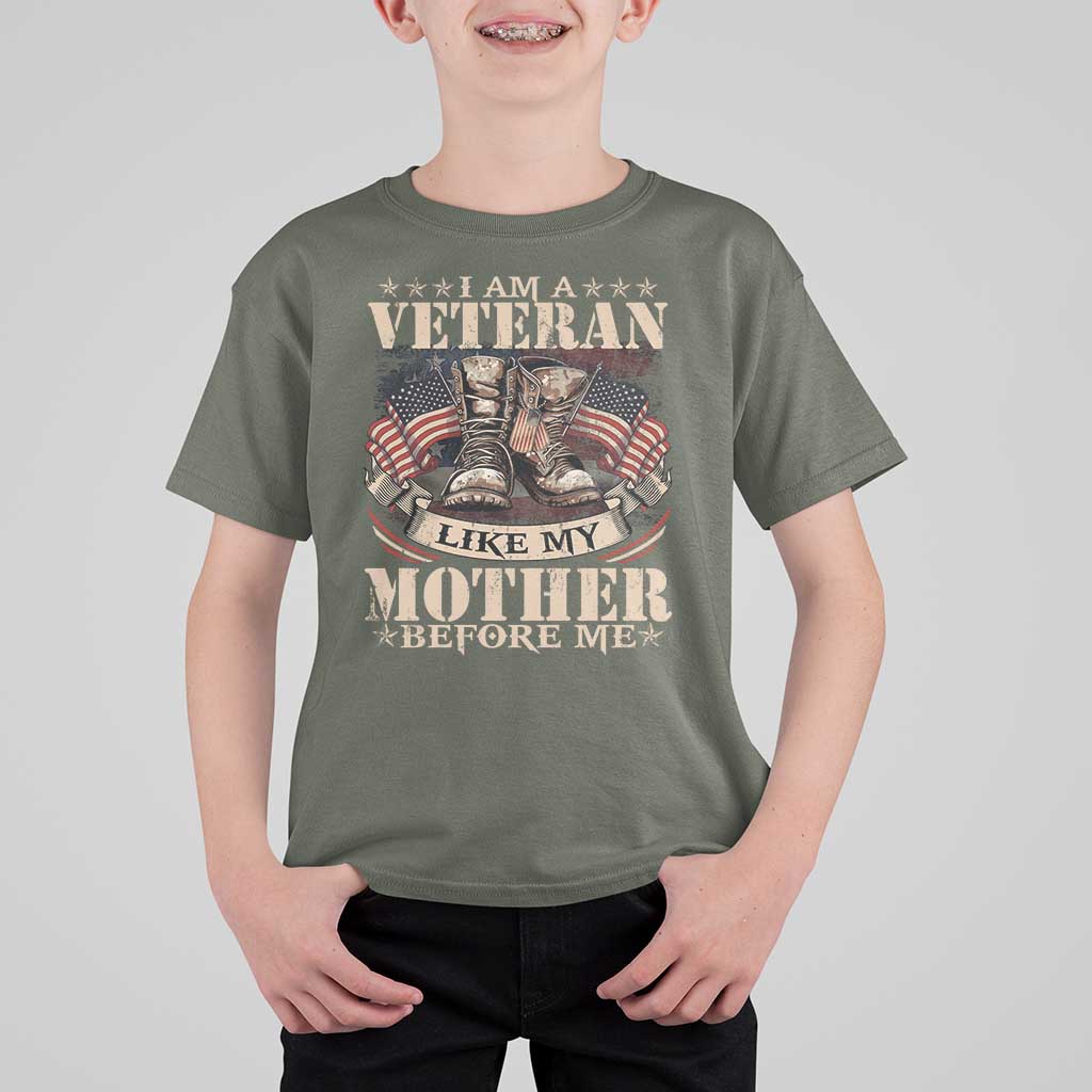 I Am A Veteran Like My Mother Before Me T Shirt For Kid Vintage American Flag - Wonder Print Shop