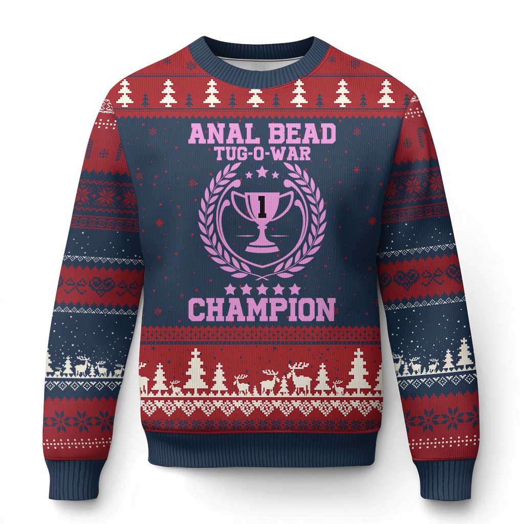 Funny #1 Anal Bead Tug O War Champion Ugly Christmas Sweater Pink Adult Humor Cringe - Wonder Print Shop