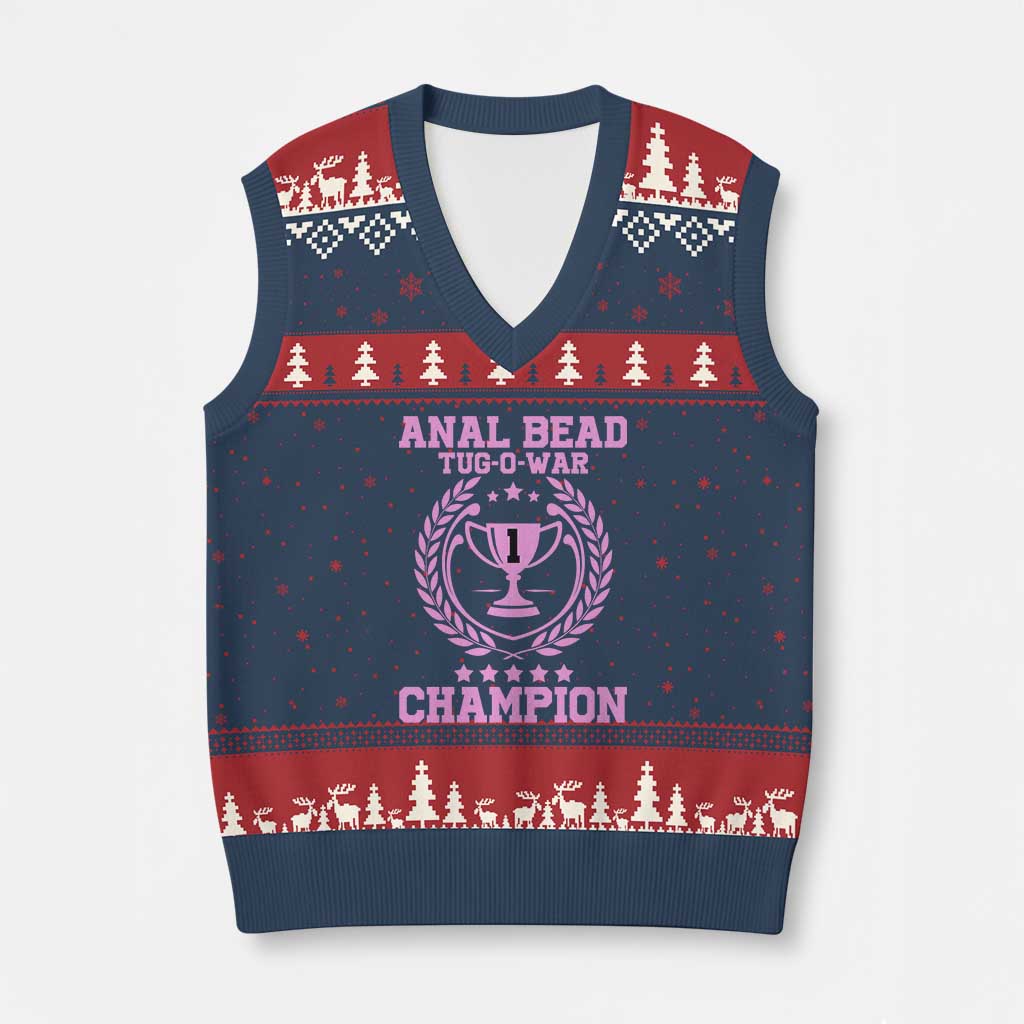 Funny #1 Anal Bead Tug O War Champion V-Neck Knit Sweater Vest Pink Adult Humor Cringe - Wonder Print Shop