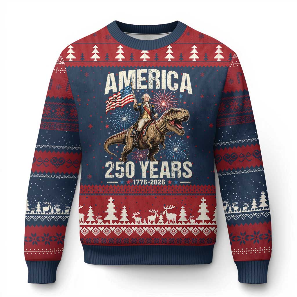 America 250 Years George Washington Riding Tyrannosaurus Rex Ugly Christmas Sweater