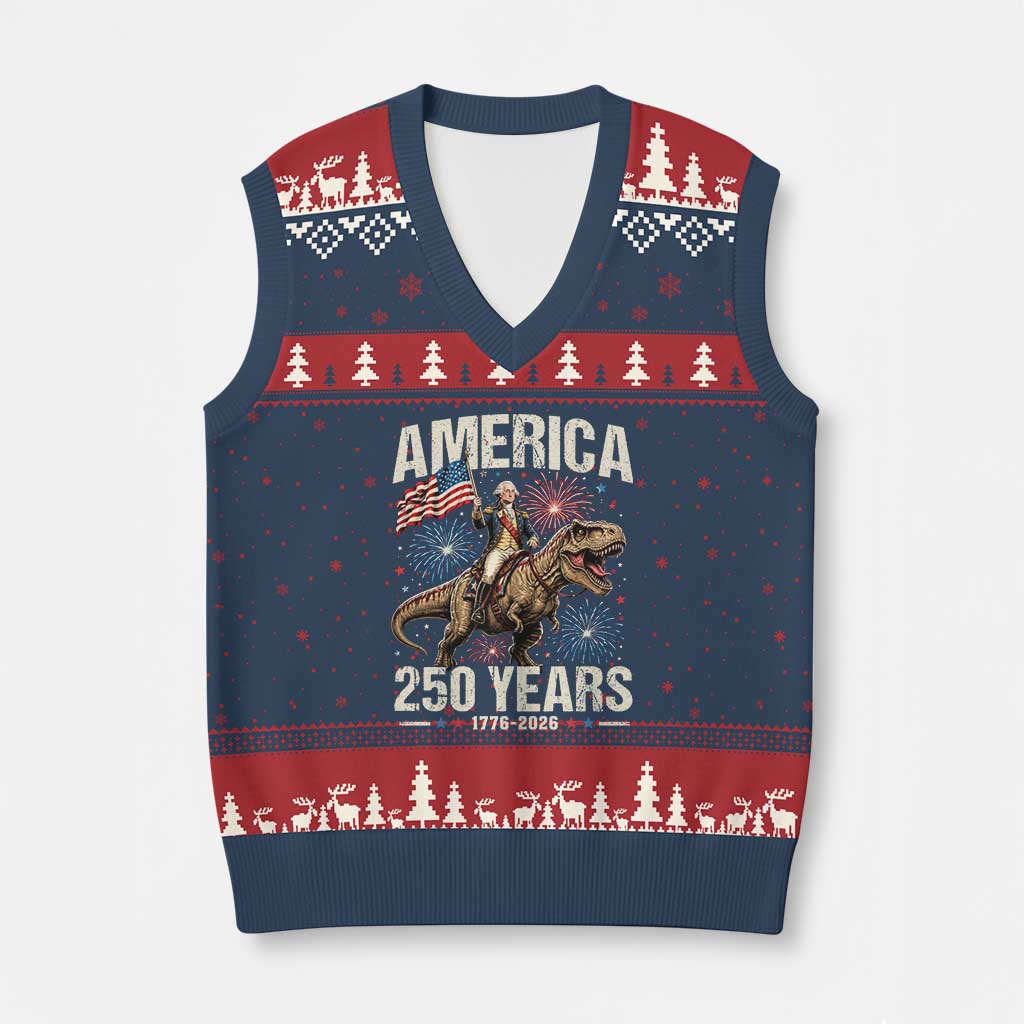 America 250 Years George Washington Riding Tyrannosaurus Rex V-Neck Knit Sweater Vest