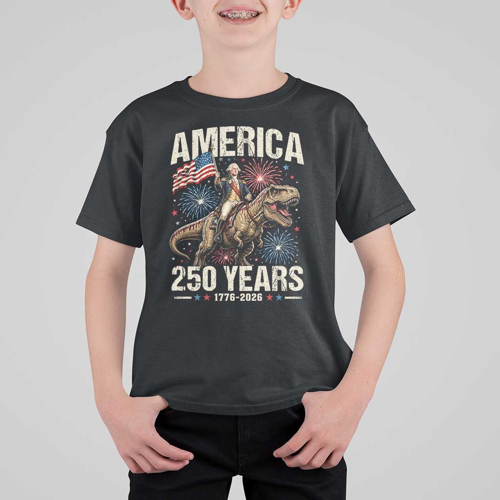 America 250 Years George Washington Riding Tyrannosaurus Rex T Shirt For Kid