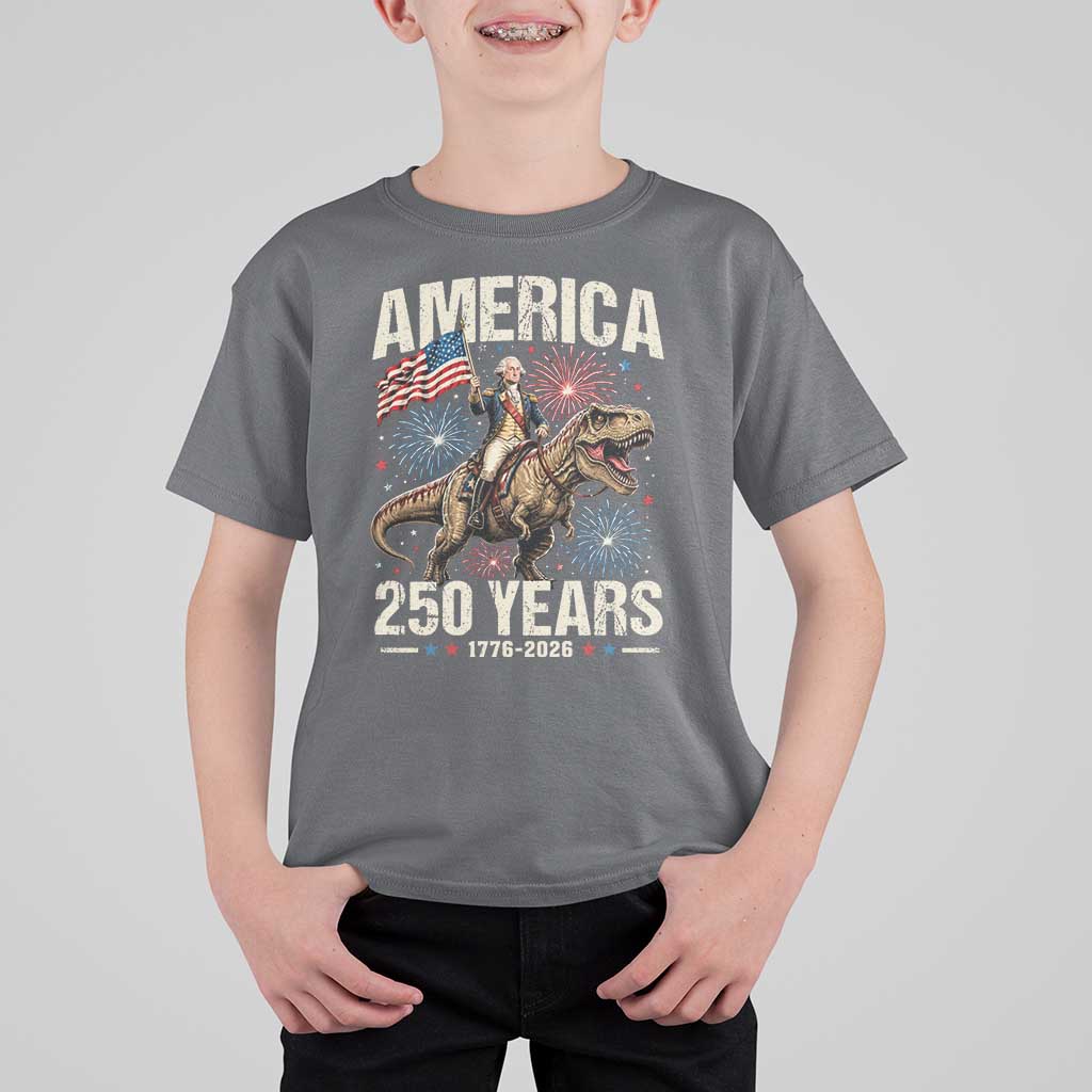 America 250 Years George Washington Riding Tyrannosaurus Rex T Shirt For Kid