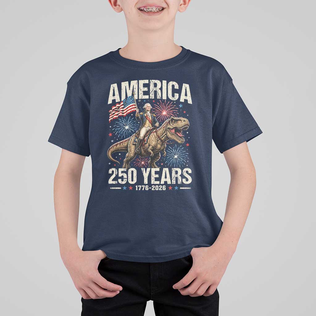 America 250 Years George Washington Riding Tyrannosaurus Rex T Shirt For Kid