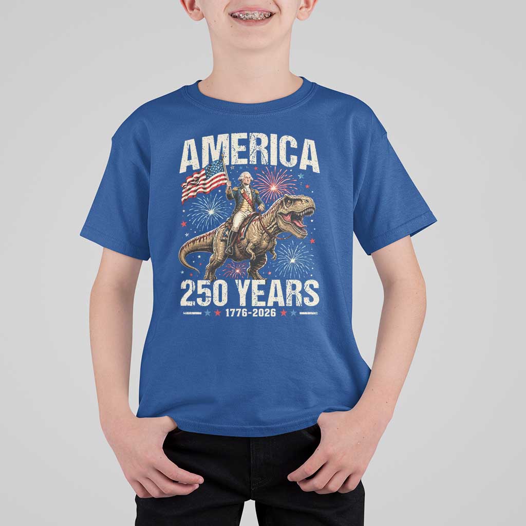 America 250 Years George Washington Riding Tyrannosaurus Rex T Shirt For Kid