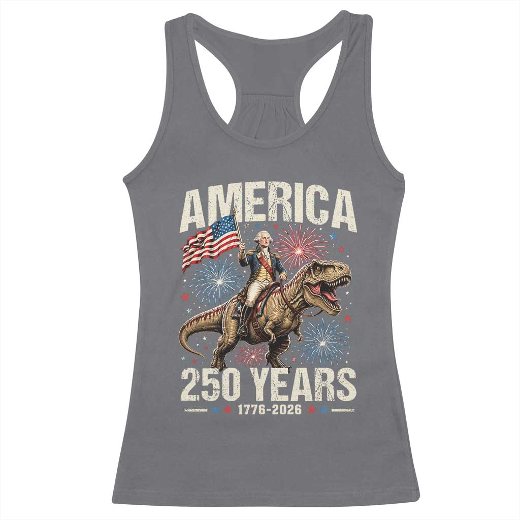 America 250 Years George Washington Riding Tyrannosaurus Rex Racerback Tank Top