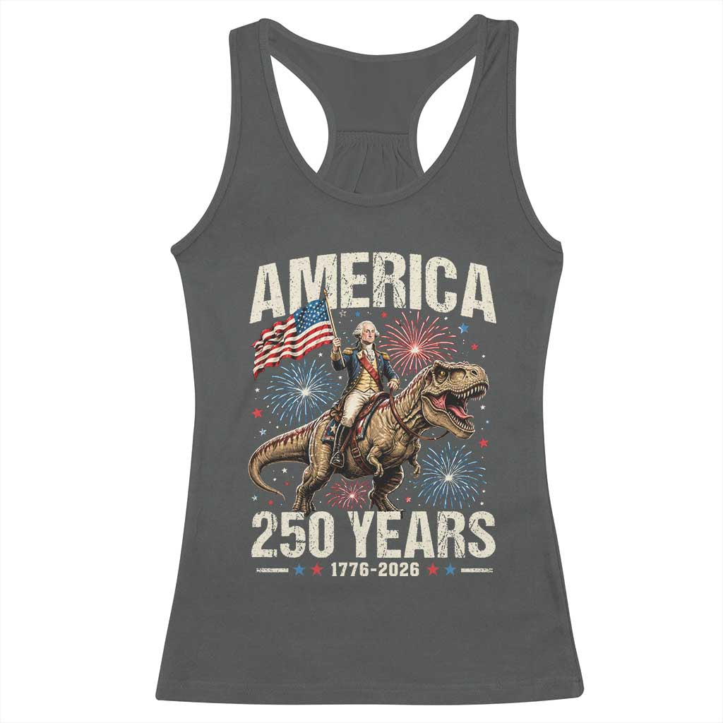 America 250 Years George Washington Riding Tyrannosaurus Rex Racerback Tank Top