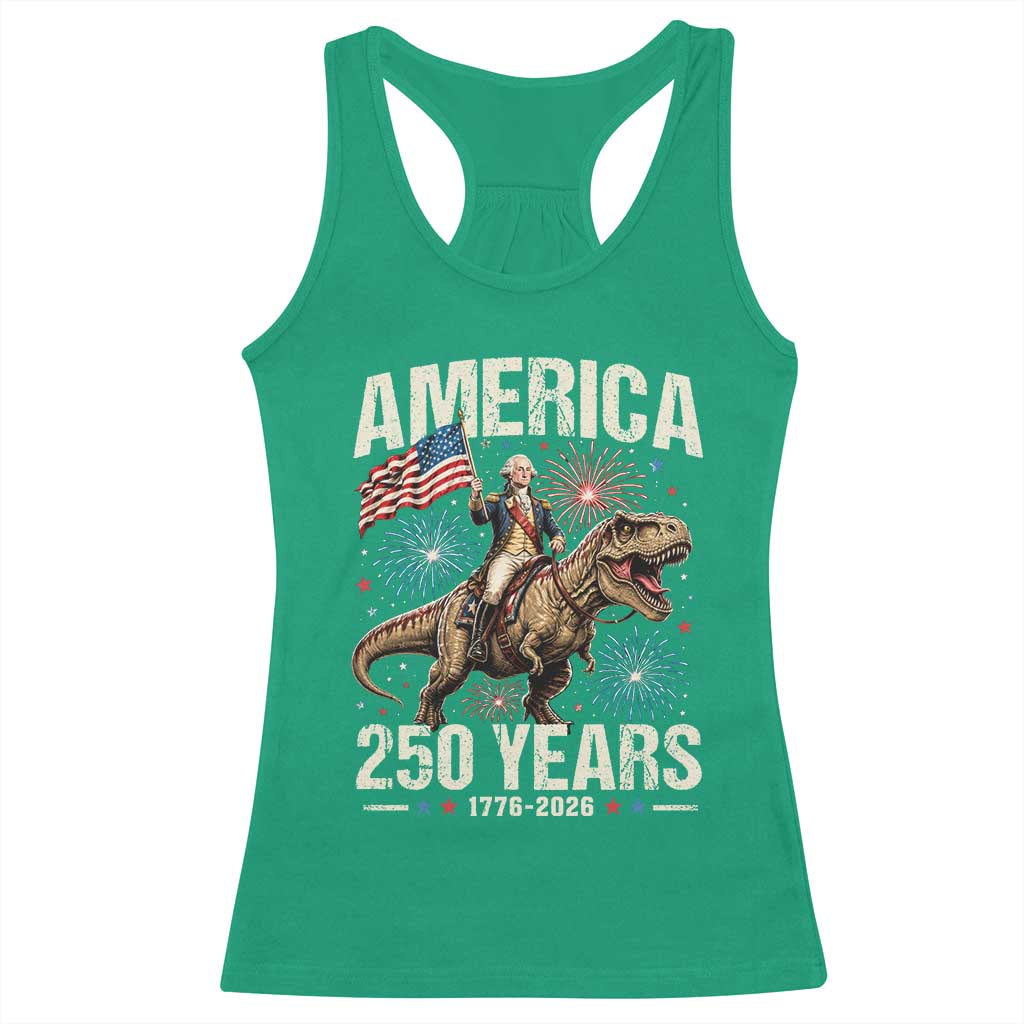 America 250 Years George Washington Riding Tyrannosaurus Rex Racerback Tank Top