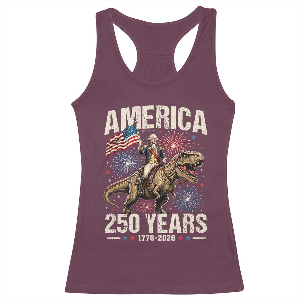 America 250 Years George Washington Riding Tyrannosaurus Rex Racerback Tank Top