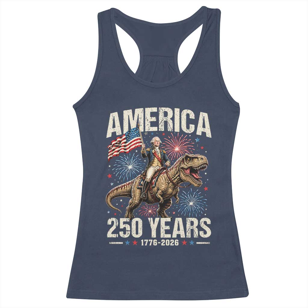 America 250 Years George Washington Riding Tyrannosaurus Rex Racerback Tank Top