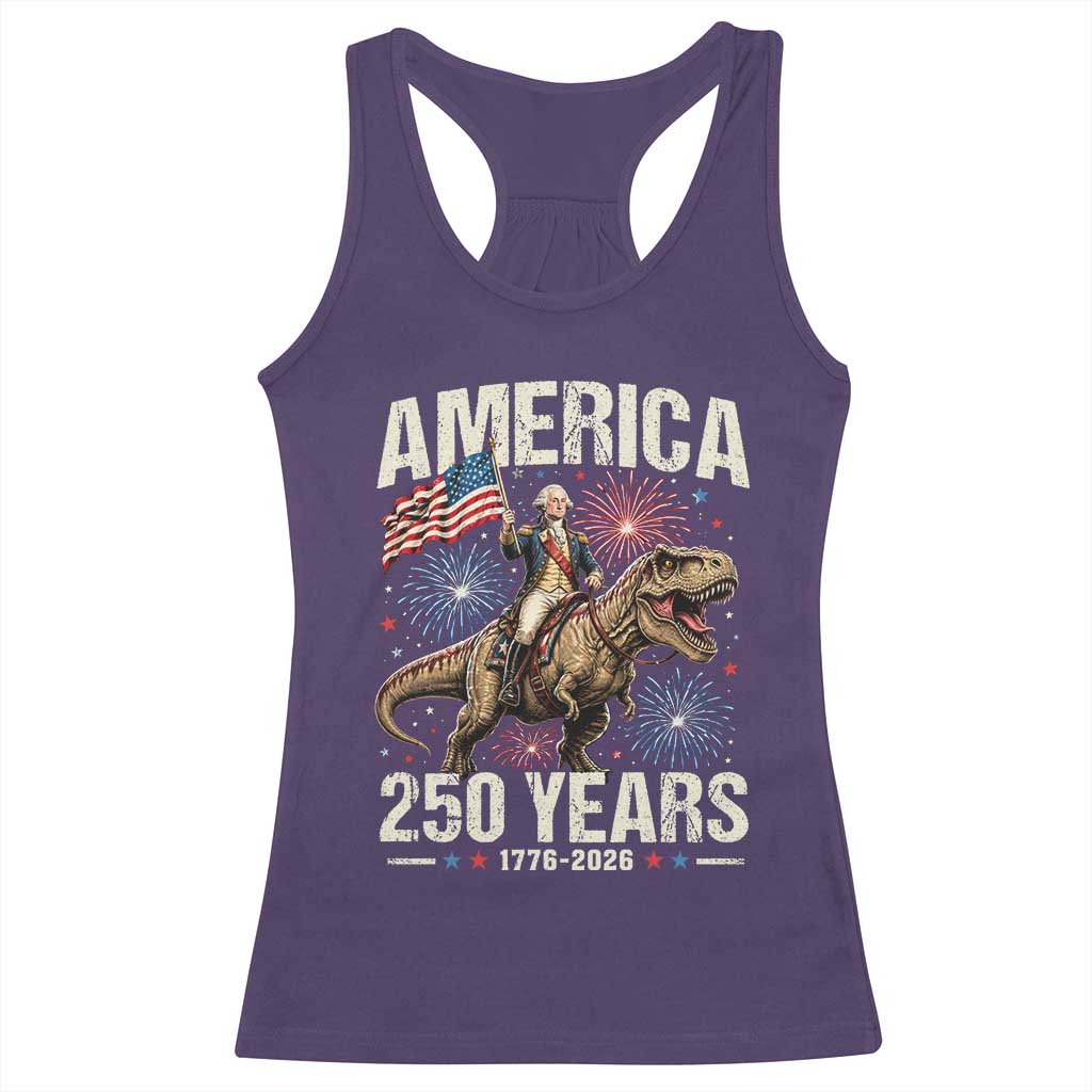 America 250 Years George Washington Riding Tyrannosaurus Rex Racerback Tank Top