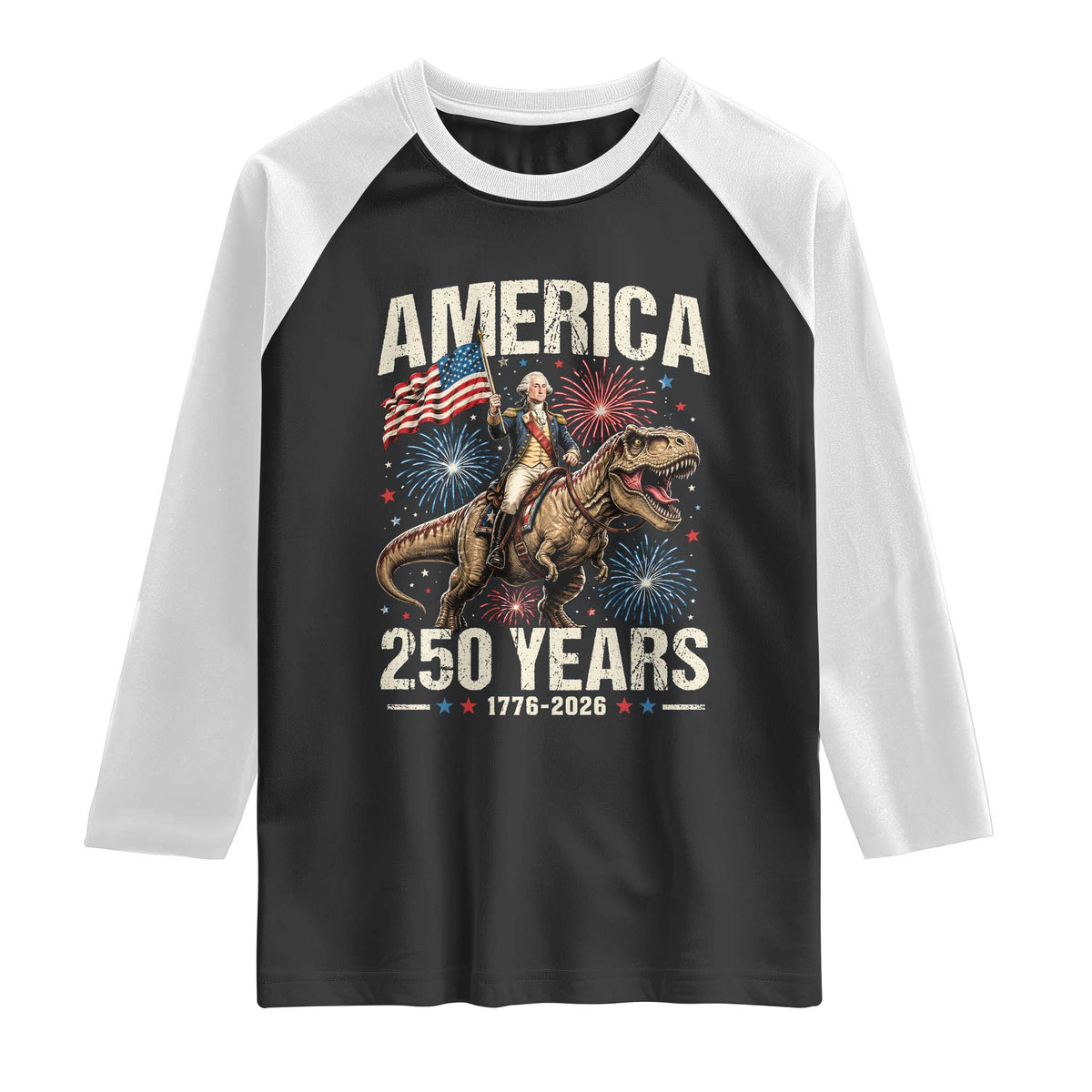 America 250 Years George Washington Riding Tyrannosaurus Rex Raglan Shirt