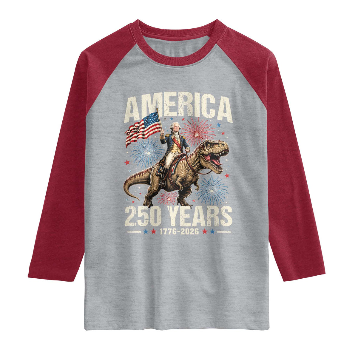 America 250 Years George Washington Riding Tyrannosaurus Rex Raglan Shirt