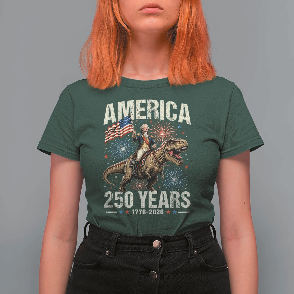 America 250 Years George Washington Riding Tyrannosaurus Rex T Shirt For Women