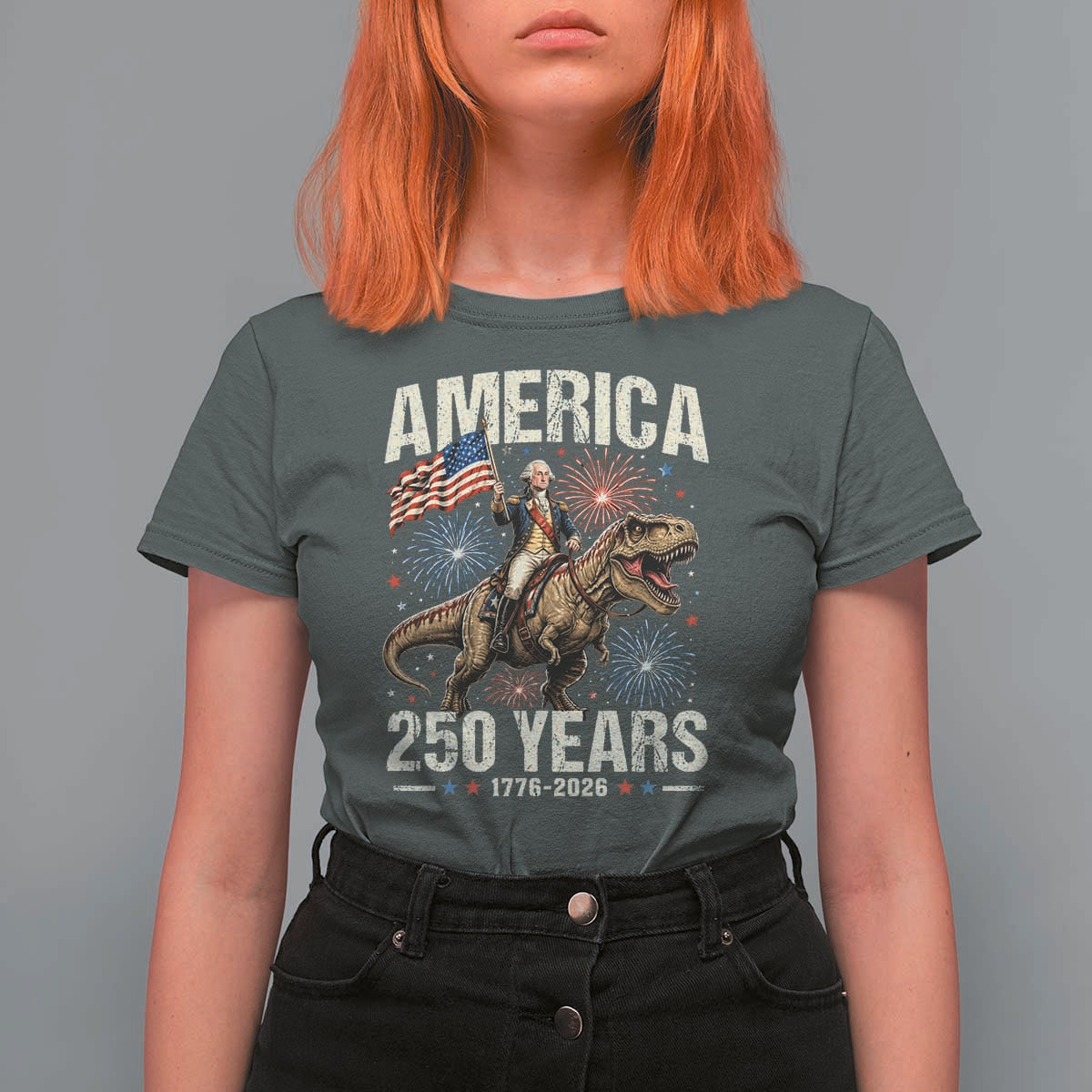 America 250 Years George Washington Riding Tyrannosaurus Rex T Shirt For Women