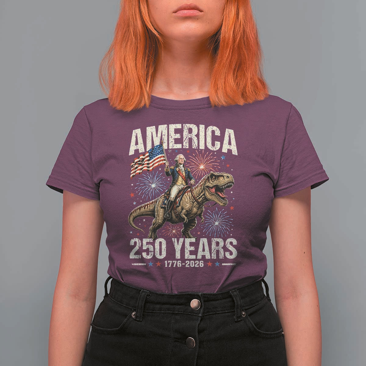 America 250 Years George Washington Riding Tyrannosaurus Rex T Shirt For Women