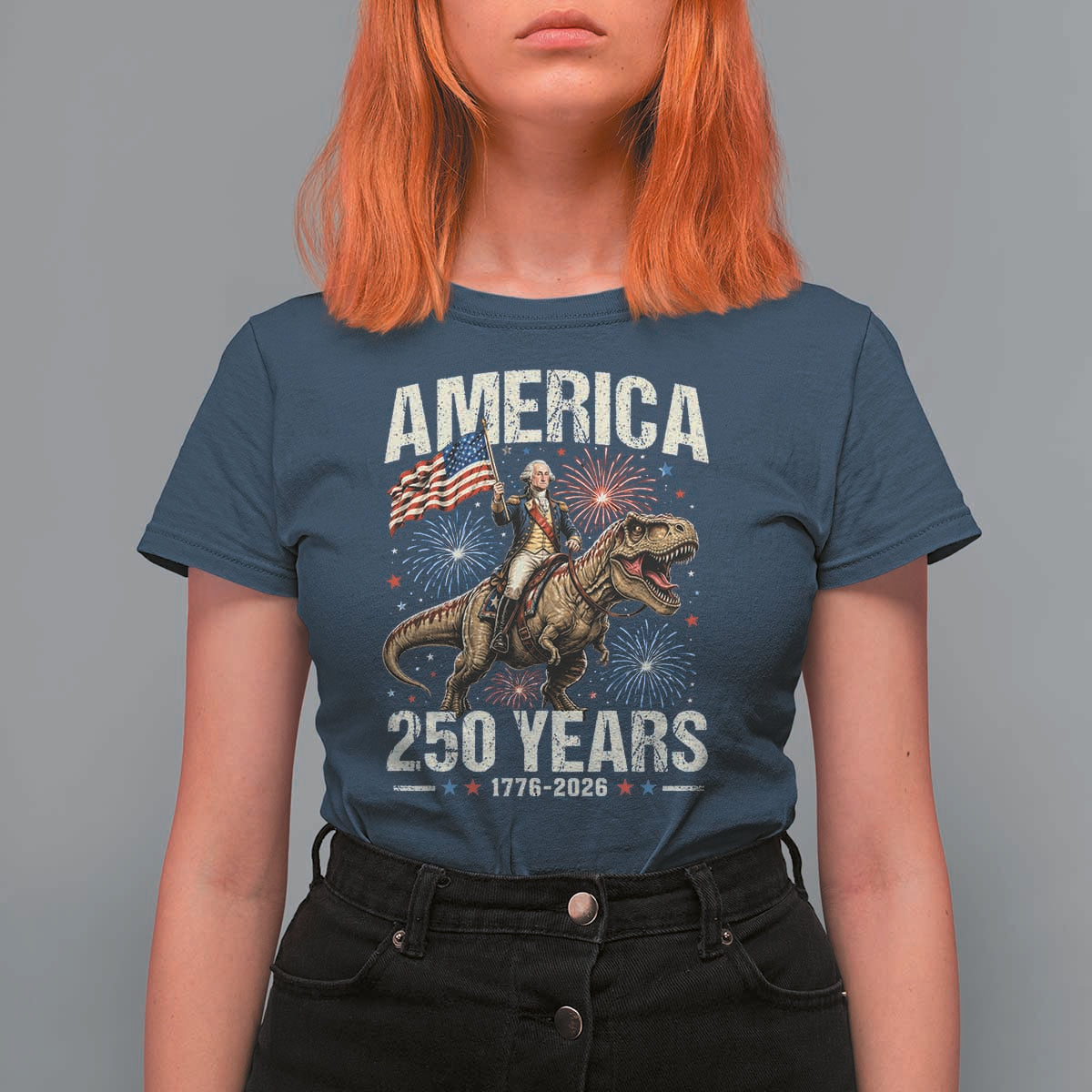 America 250 Years George Washington Riding Tyrannosaurus Rex T Shirt For Women